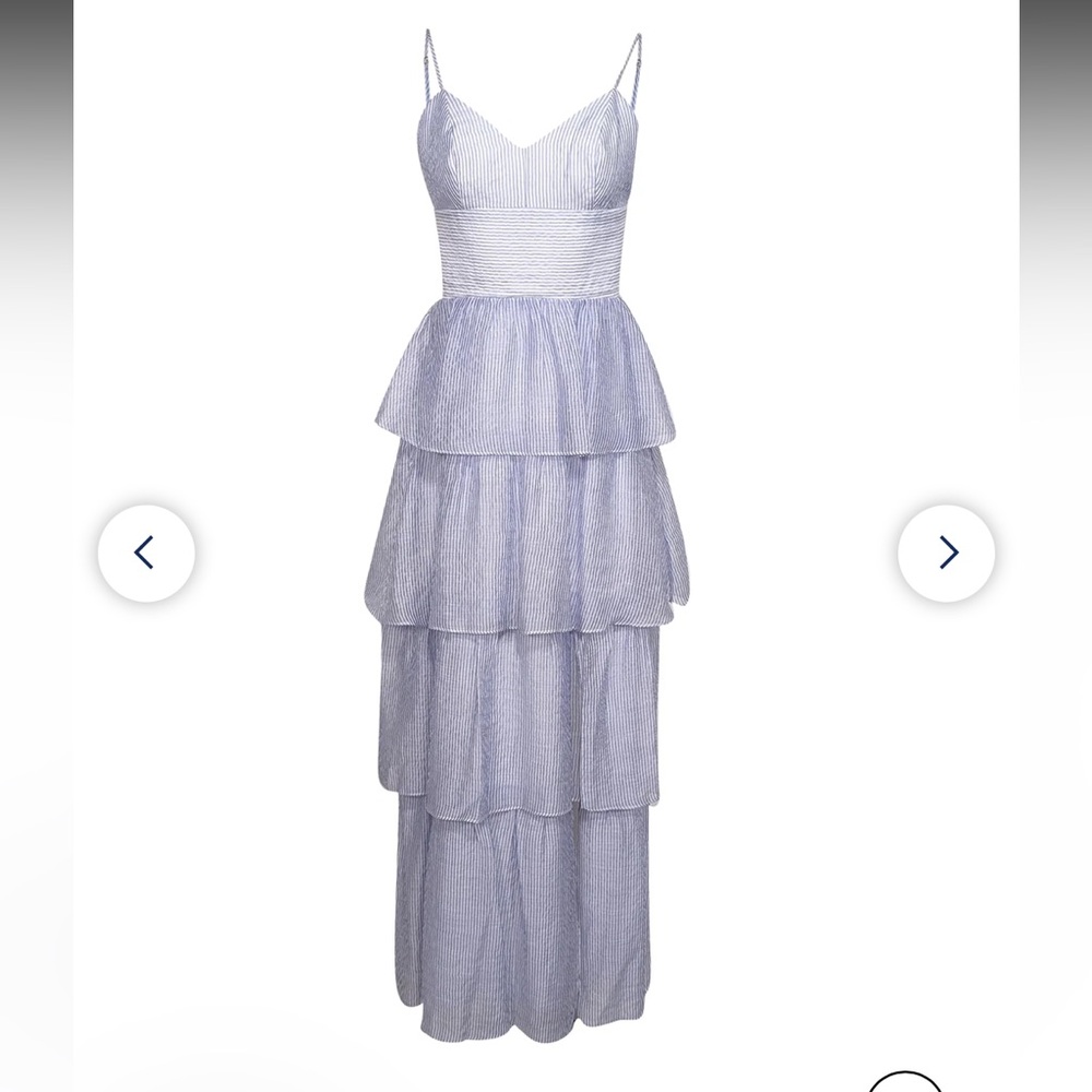 Amanda Uprichard Ruffled Thaddea Gown in Blue and White stripes